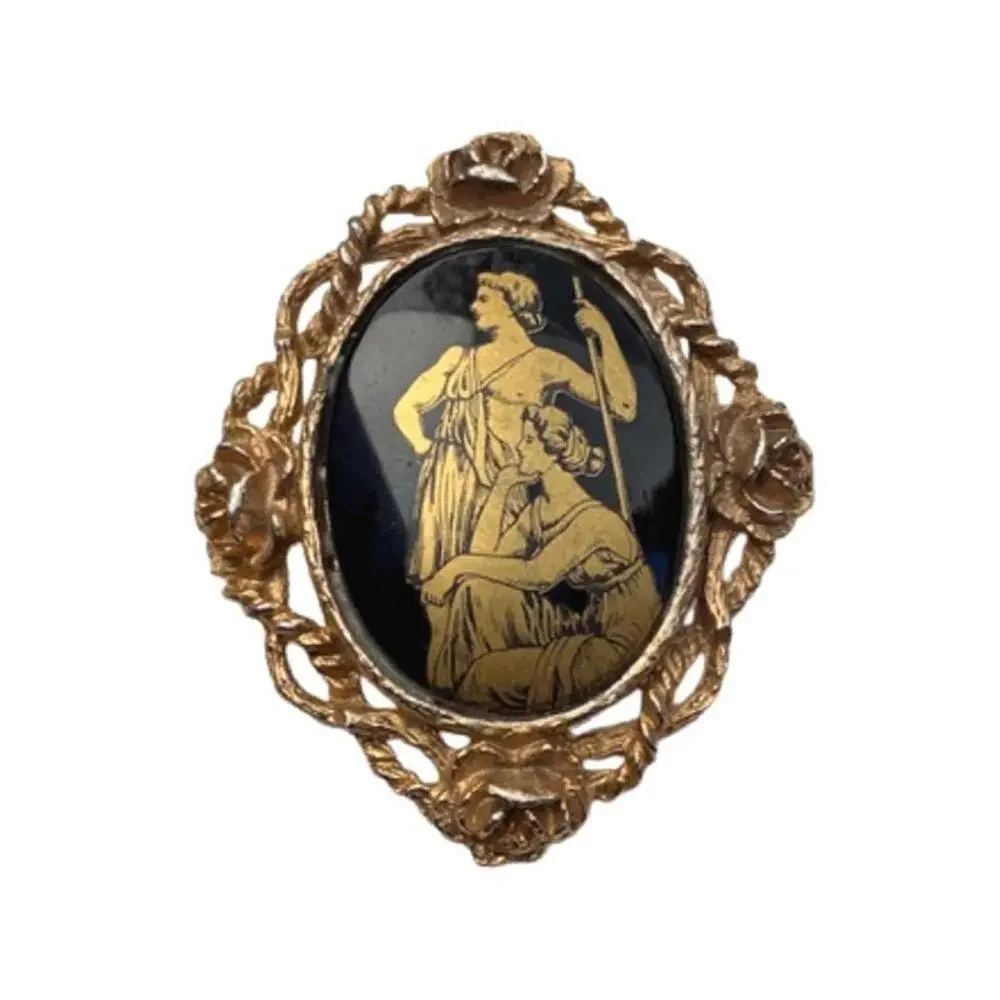 Vintage Black Glass Intaglio Gold Tone Brooch Convertible Pendant